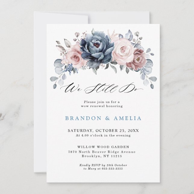 Convite Dusty Blue Mauve Rosa rosa Flora Flatada (Frente)