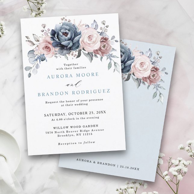Convite Dusty Blue Mauve Rosa rosa Slate Floral Casamento (Dusty blue mauve rose pink slate floral wedding invitation)