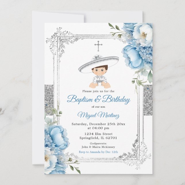 Convite Dusty Blue Mexicano Boy Baptism & Birthday Silver (Frente)