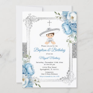 Convite Dusty Blue Mexicano Boy Baptism & Birthday Silver