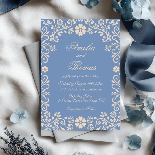 Convite Dusty Blue Mexicano Talavera Wedding (Criador carregado)