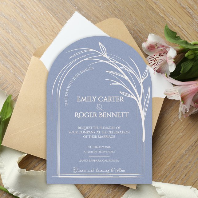 Convite Dusty Blue Minimalist Arch Botanical Wedding (Dusty Blue Minimalist Arch Botanical Wedding Invitation | Modern Elegant Line Art Wedding Invite)