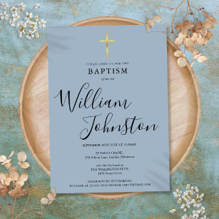 Convite Dusty Blue Modern Baptism Christening Dourado Cros