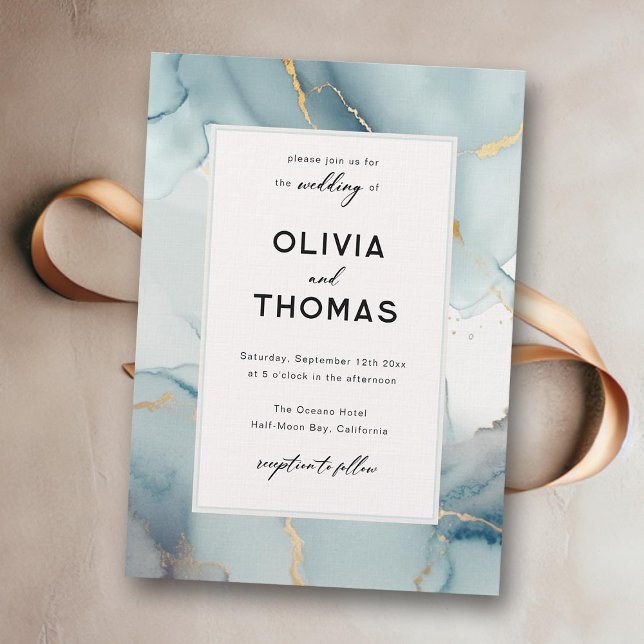 Convite Dusty Blue Modern Frame Elegante Chic Beach Casame (dusty blue wedding invitation beach waves gold modern elegant bohemian romantic chic calligraphy)