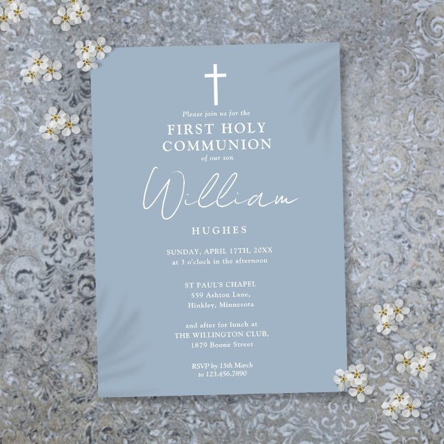 Convite Dusty Blue Modern Minimalista Primeira Comunhão Sa (Dusty Blue Modern Minimalist First Holy Communion Invitation)