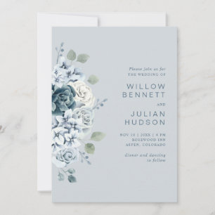 Convite Dusty Blue Modern Watercolor Casamento Floral