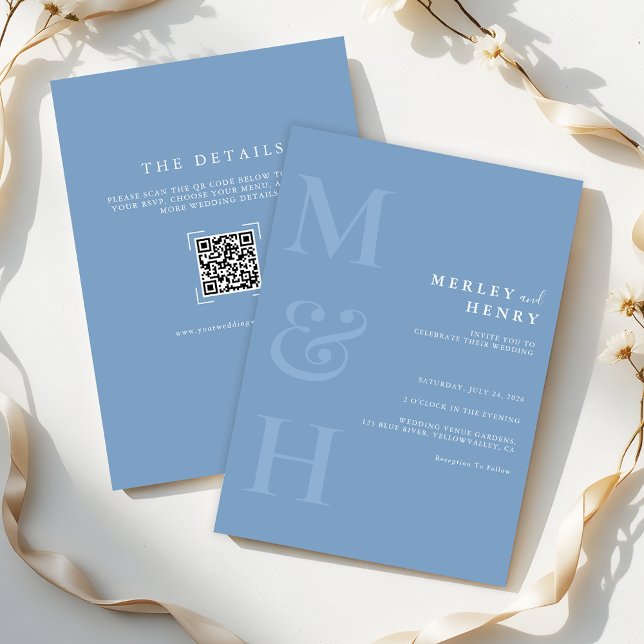 Convite Dusty Blue Monogram QR Code All In One Wedding (Criador carregado)