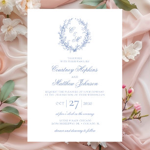 Convite Dusty Blue Monograma Botanical Wreath Casamento