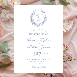 Convite Dusty Blue Monograma Botanical Wreath Casamento