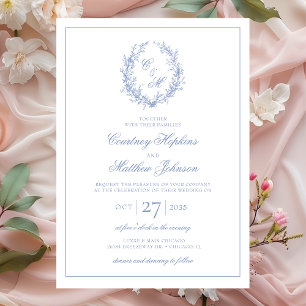 Convite Dusty Blue Monograma Botanical Wreath Casamento