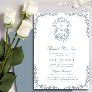 Convite Dusty Blue Monograma Vintage Crest Bridal Lunchee
