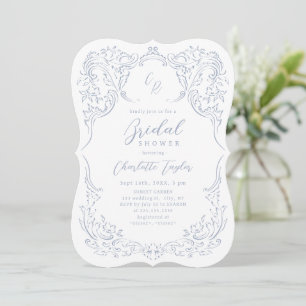 Convite Dusty Blue Monograma Vintage de Chuveiro de Noiva 