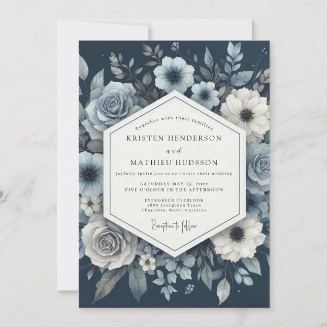 Convite Dusty Blue Moody Bloom Wedding (Frente)