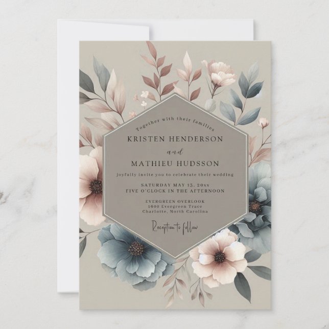 Convite Dusty Blue Muted Bloom Wedding (Frente)