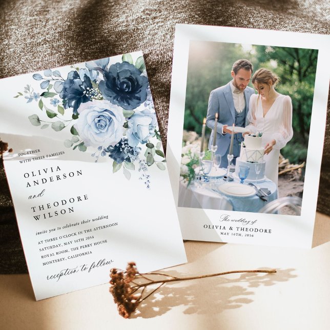 Convite Dusty Blue Navy Floral Elegant Photo Back Wedding (Dusty blue navy floral photo back wedding invitation card with elegant picture layout in warm light)
