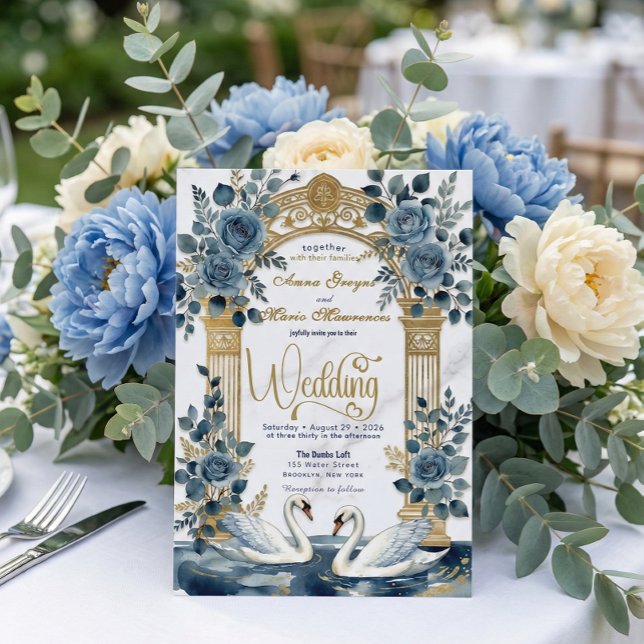 Convite Dusty Blue Navy Rose Faux Gold Garden  Wedding (Criador carregado)