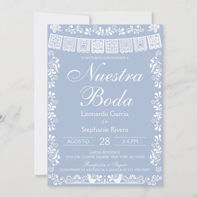 Convite Dusty Blue Nuestra Boda Papel Picado Wedding (Frente)