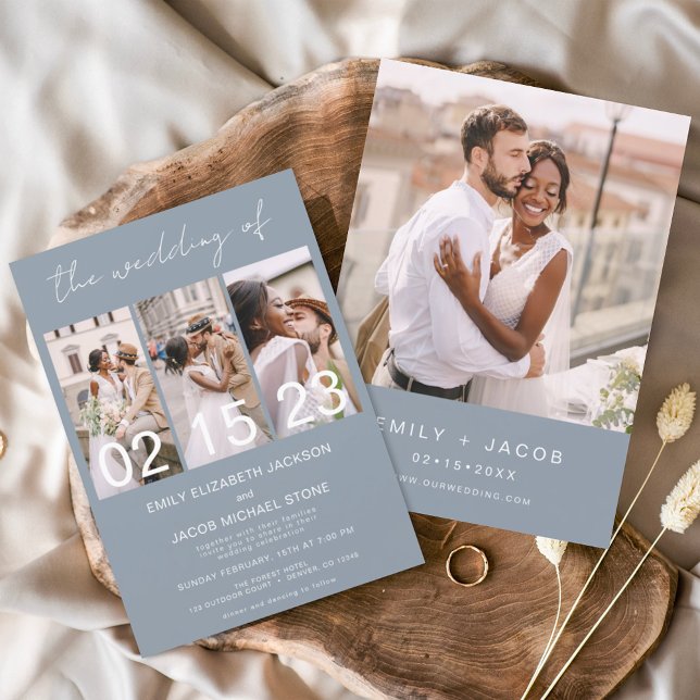 Convite Dusty Blue O Casamento da Colagem de Fotos Minimal (Criador carregado)