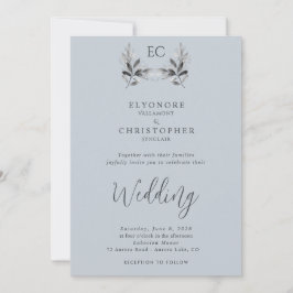 Convite Dusty Blue Olive Branch Monogram Photo Wedding 
