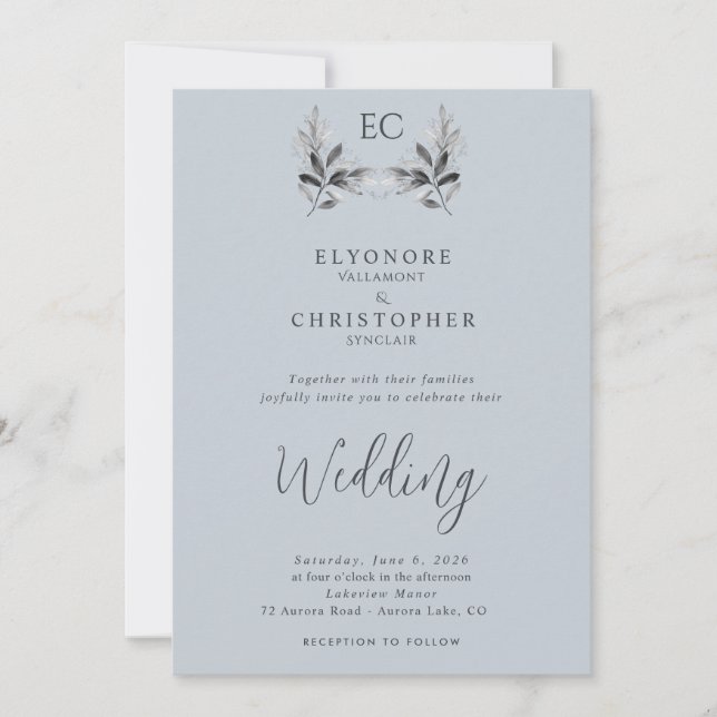 Convite Dusty Blue Olive Branch Monogram Photo Wedding  (Frente)