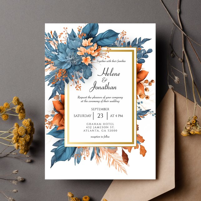 Convite Dusty Blue Orange Terracotta Boho Casamento Elegan (Dusty Blue Orange Terracotta Boho Elegant Wedding Invitation)