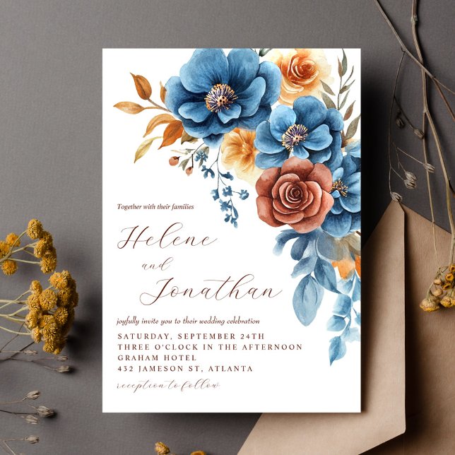 Convite Dusty Blue Orange Terracotta Elegant Weding (Dusty Blue Orange Terracotta Elegant Wedding Invitation)