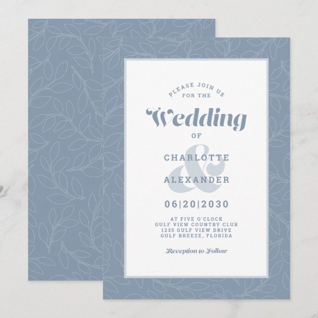 Convite Dusty Blue | Padrão moderno de folhas simples de A (Frente/Verso)