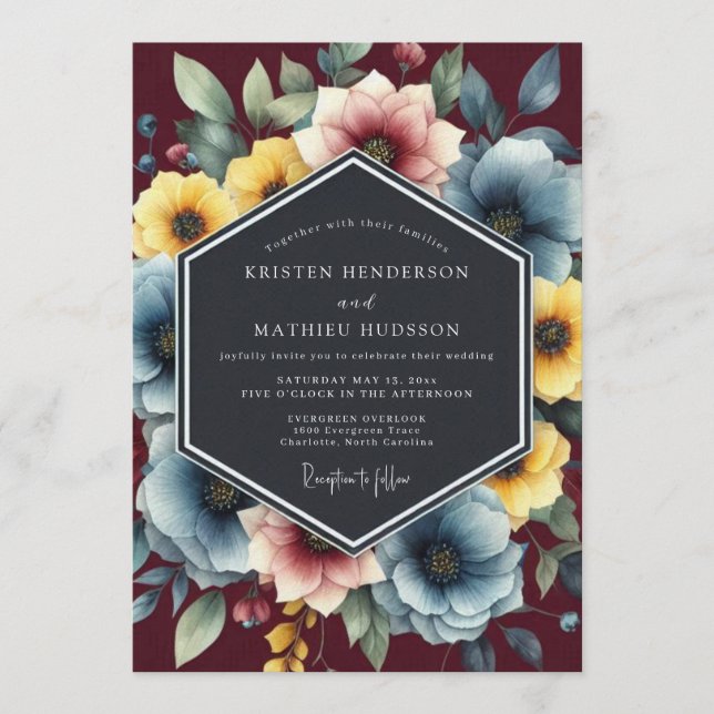 Convite Dusty Blue Painterly Bloom Wedding (Frente)