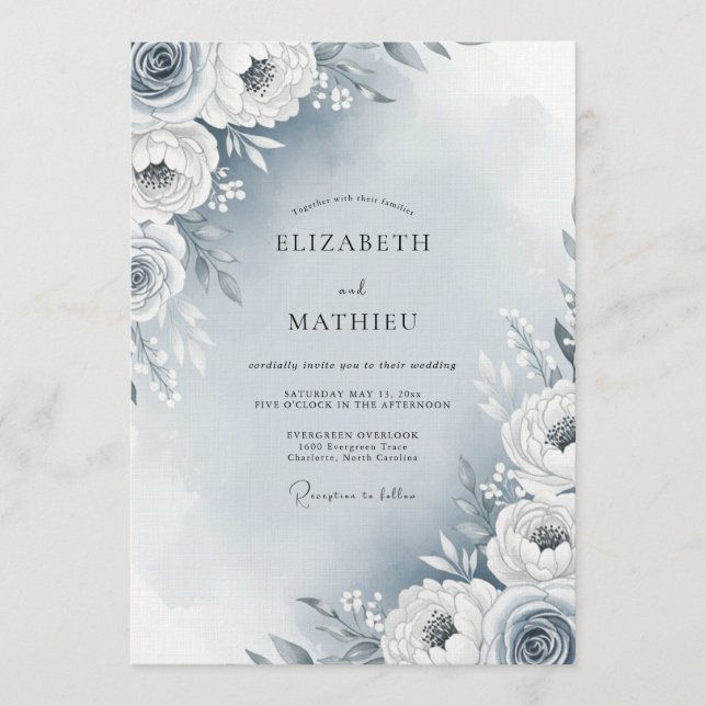 Convite Dusty Blue Painterly Flora Wedding (Frente)