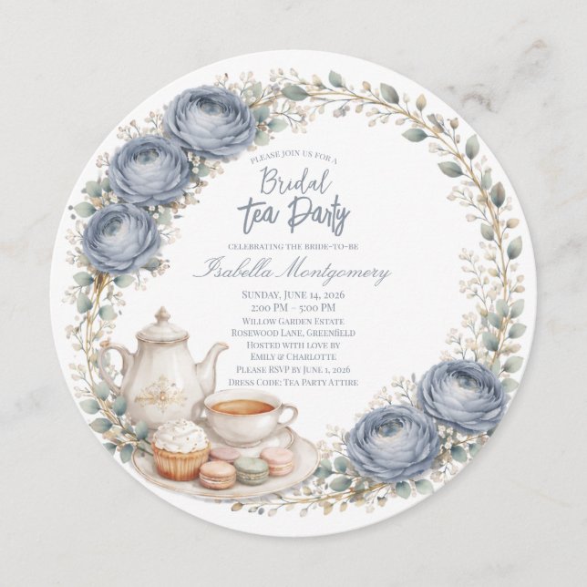 Convite Dusty Blue Palette Tea Party Bridal Shower (Frente)