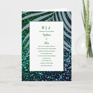 Convite Dusty Blue Palm Deixa Casamento Glitter Verde