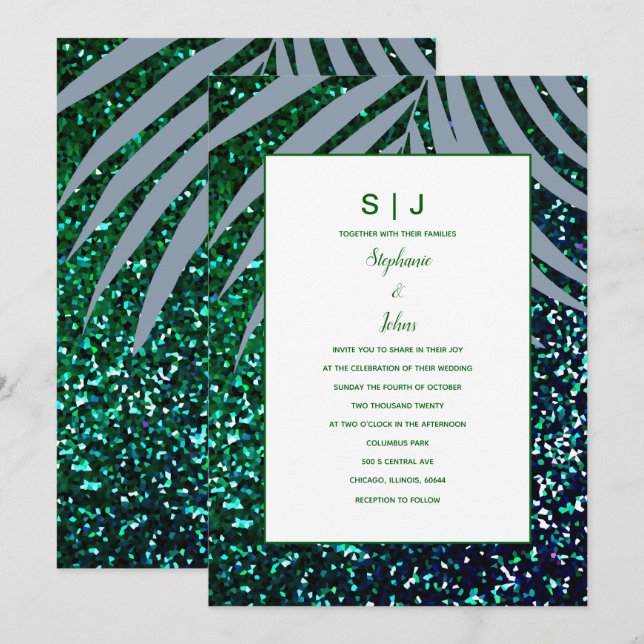 Convite Dusty Blue Palm Leaf Emerald Green Glitter Casamen (Frente/Verso)