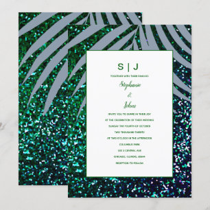 Convite Dusty Blue Palm Leaf Emerald Green Glitter Casamen