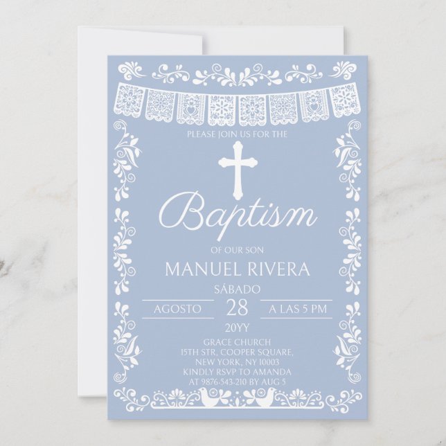 Convite Dusty Blue Papel Picado Baptism (Frente)