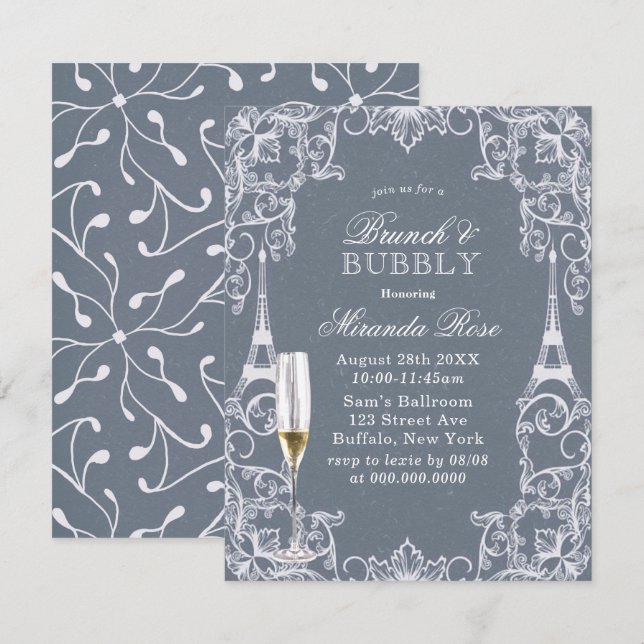 Convite Dusty Blue Paris França Brunch e Bolha (Frente/Verso)