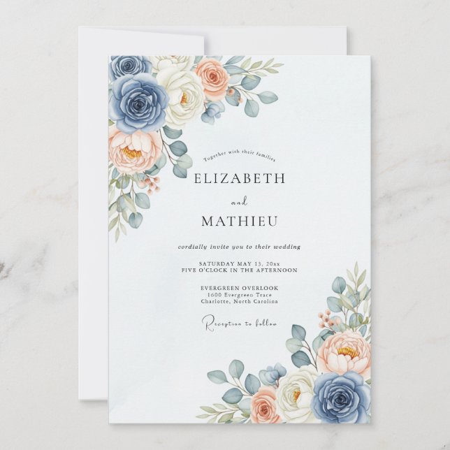 Convite Dusty Blue Peach Delicate Spring Wedding (Frente)