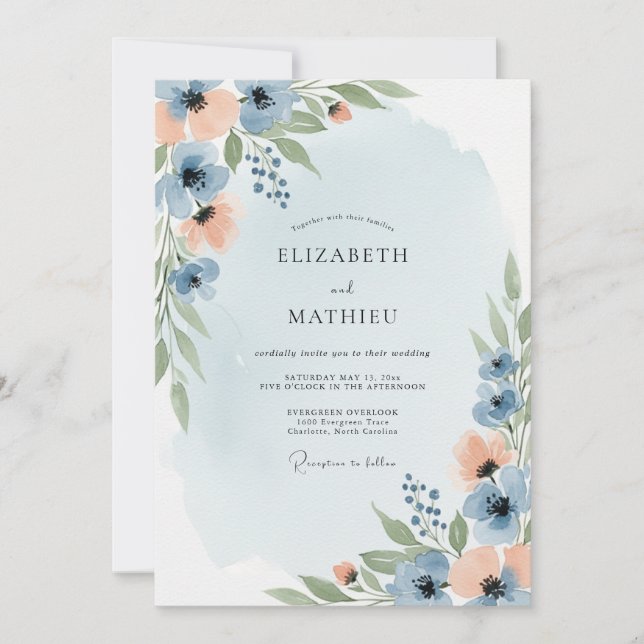 Convite Dusty Blue Peach Dreamy Spring Wedding (Frente)