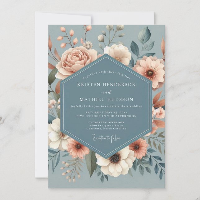 Convite Dusty Blue Peach Flora Wedding (Frente)