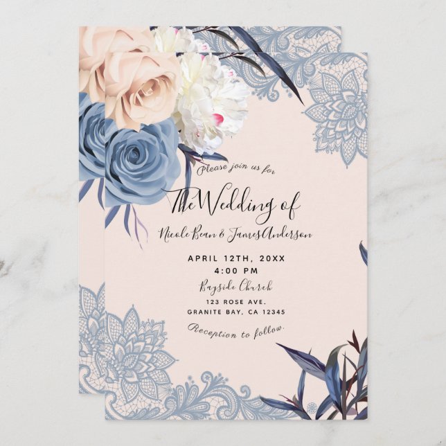 Convite Dusty Blue & Peach Floral Lace Weds (Frente/Verso)