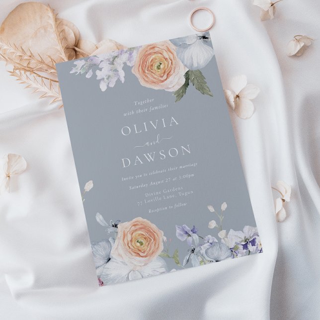 Convite Dusty Blue & Peach Modern Elegant Wedding (Criador carregado)