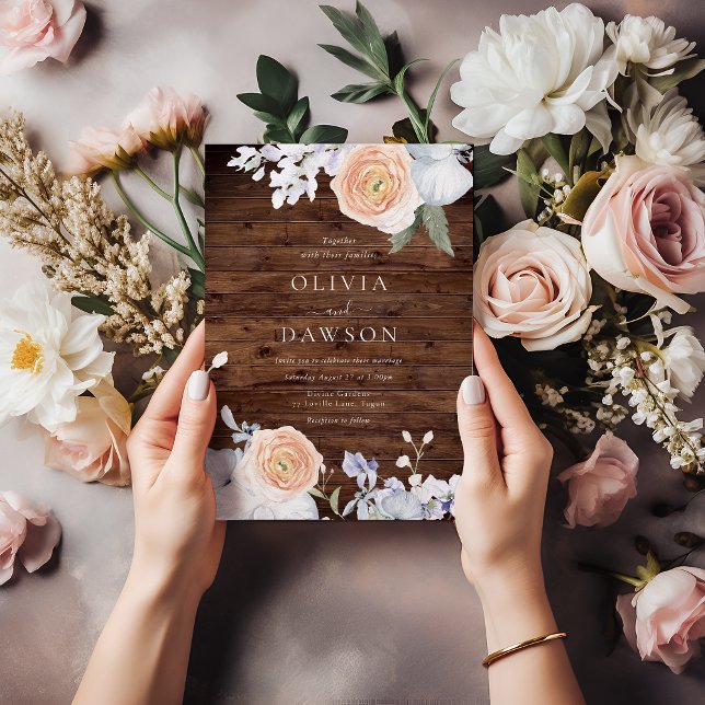 Convite Dusty Blue & Peach Rustic Wood Casamento (Criador carregado)
