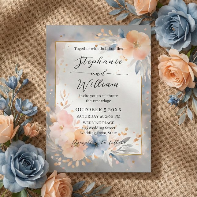 Convite Dusty Blue Peach Watercolor Floral Gold Wedding (Criador carregado)