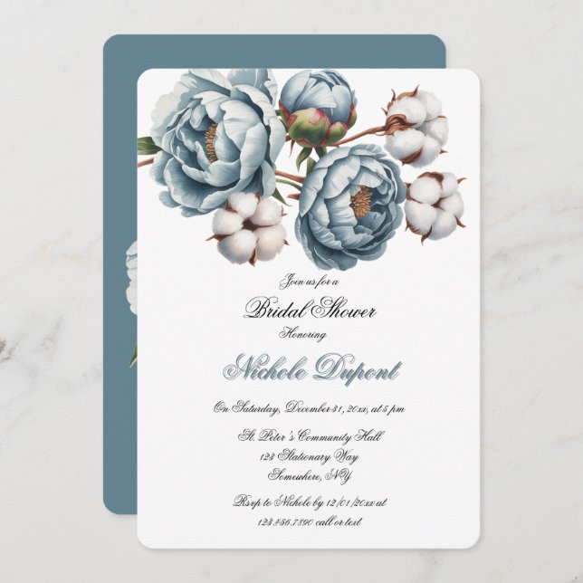 Convite Dusty Blue Peony and Cotton Bridal Shower (Frente/Verso)