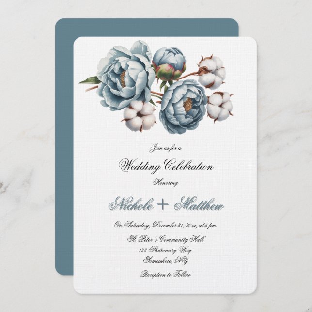 Convite Dusty Blue Peony and Cotton Wedding Celebration (Frente/Verso)
