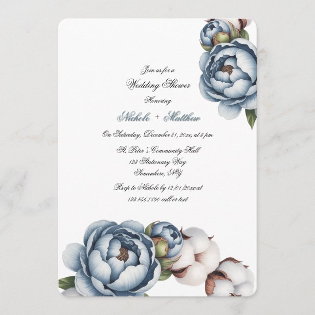 Convite Dusty Blue Peony and Cotton Wedding Shower (Frente)