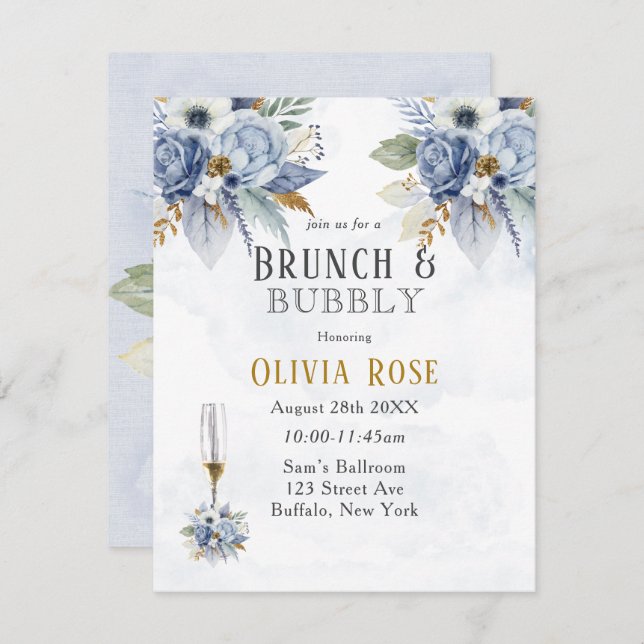 Convite Dusty Blue Peony Chic Brunch e Bubbles Invitat (Frente/Verso)