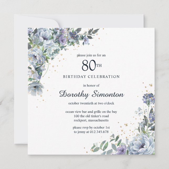 Convite Dusty Blue Peony Floral 80 Birthday (Frente)