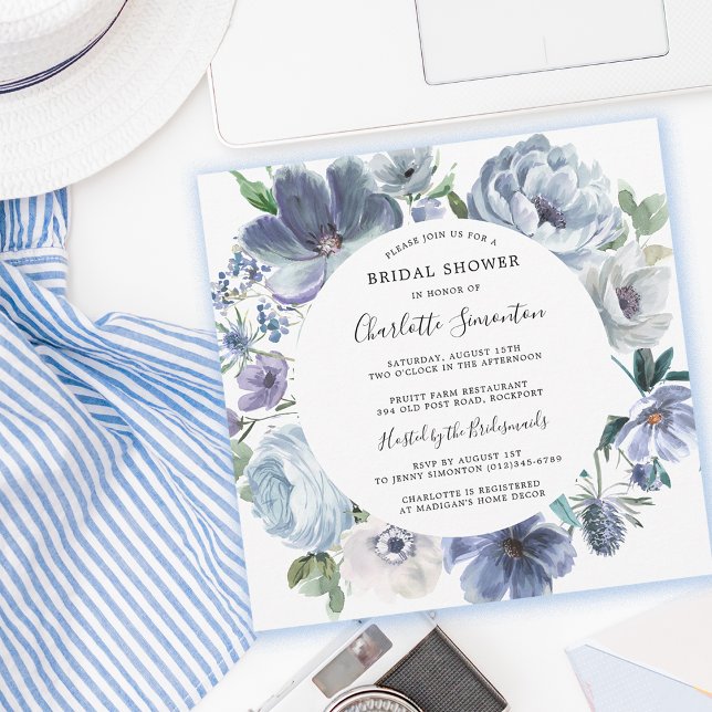 Convite Dusty Blue Peony Floral Chá de panela Square (Chic Summer Dusty Blue Bridal Shower Invitation)