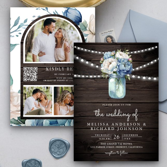 Convite Dusty Blue Peony Mason Jar Código QR Casamento de  (Criador carregado)