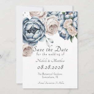 Convite Dusty Blue Peony Rosa e Glitter Salvar a Data